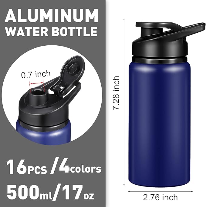 Mimorou 16 Pack Aluminum Water Bottles with Snap Lid Aluminum Reusable Sports Lightweight Leak Proof Water Bottles Bulk for Gym Hiking Cycling Sports Outdoor(17 oz)