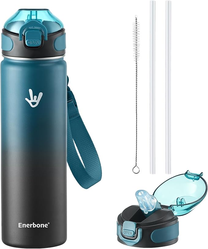 Enerbone 24 oz Insulated Water Bottle, Stainless Steel Bottle with Carrying Strap, Double-Wall Vacuum Insulation Design, Leakproof Sports Bottle with Straw, Keep Drinks Cold or Hot for Hours