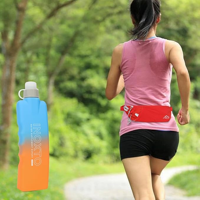 INOXTO Slim Running Belt Fanny Pack for Women and Men Sports Waist Bag Pack with 300ml Water Bottle for Running Walking Cycling Hiking Reflective Running Pouch Belt for All Phones (Black) (Orange)