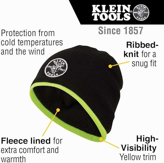 Klein Tools 60391 Knit Beanie, Thermal Fleece Winter Hat, Windproof, Fits under Helmets, Black with High-Visibility Yellow Band Trim