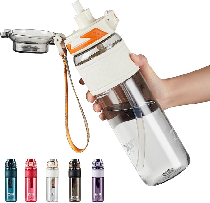 TKK Sports Water Bottles with Removable Straw 34 oz Leak-proof Flip Top Lid BPA Free Tritan Bottles with Strap for School, Fitness, Gym, Outdoor, White