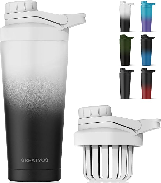 Stainless Steel Shaker Bottle with Noise-Free Design - Patented 24 oz Insulated Metal Shakers Bottles Cup for Protein Mixes and Pre Workout 100% Leak Proof (Day Night)