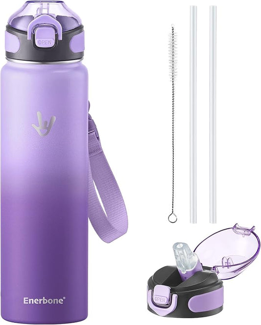 Enerbone 32 oz Insulated Water Bottle, Stainless Steel Bottle with Carrying Strap, Double-Wall Vacuum Insulation Design, Leakproof Sports Bottle with Straw, Keep Drinks Cold or Hot for Hours