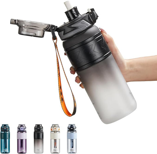 TKK Sports Water Bottles with Removable Straw 29 oz Leak-proof Flip Top Lid BPA Free Tritan Bottles with Strap for School, Fitness, Gym, Outdoor, Black-White