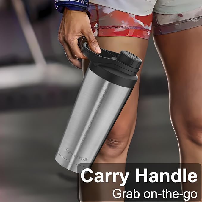 Stainless Steel Shaker Bottle with Noise-Free Design - Patented 24 oz Insulated Metal Shakers Bottles Cup for Protein Mixes and Pre Workout 100% Leak Proof (Steel)