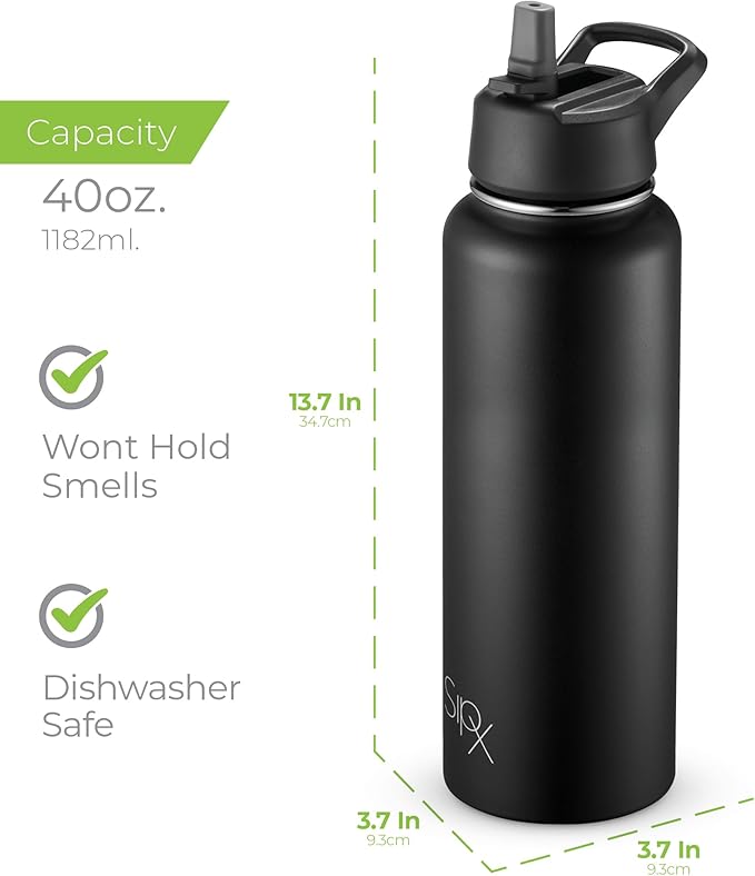 SIPX™ 40 oz Insulated Water Bottle with 3 Lids – Leakproof Stainless Steel, Triple Insulated – Cold 24 Hours/Hot 12 Hours – Durable Bottle for School, Gym, Travel – Black