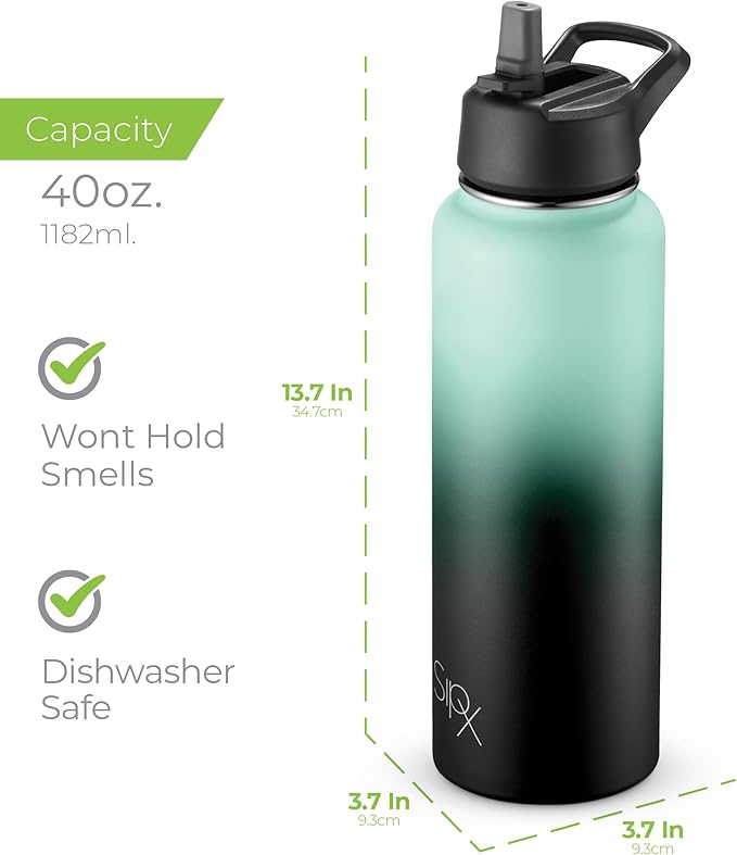 SIPX™ 40 oz Insulated Water Bottle with 3 Lids – Leakproof Stainless Steel, Triple Insulated – Cold 24 Hours/Hot 12 Hours – Durable Bottle for School, Gym, Travel – Gradient Mint Black
