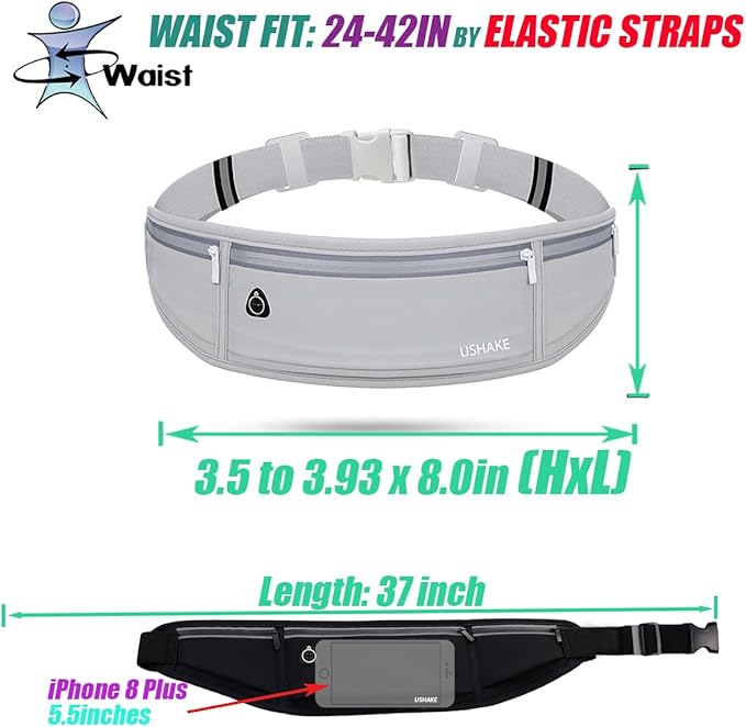 USHAKE Slim Running Belt, Workout Fanny Pack for Men Women,Exercise Waist Pack for Apple iPhone Holder, Runner Belt for Running Walking Cycling Camping Gym Light Grey