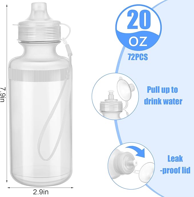 72 Pcs Reusable Water Bottles Bulk 20 oz Squeeze Plastic Sports Water Bottles with Nylon Strap Leak Proof Blank DIY Cups for Travel Hiking Cycling Sport Event Team Gifts