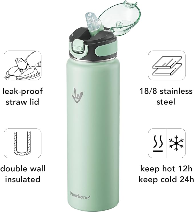 Enerbone 32 oz Insulated Water Bottle, Stainless Steel Bottle with Carrying Strap, Double-Wall Vacuum Insulation Design, Leakproof Sports Bottle with Straw, Keep Drinks Cold or Hot for Hours