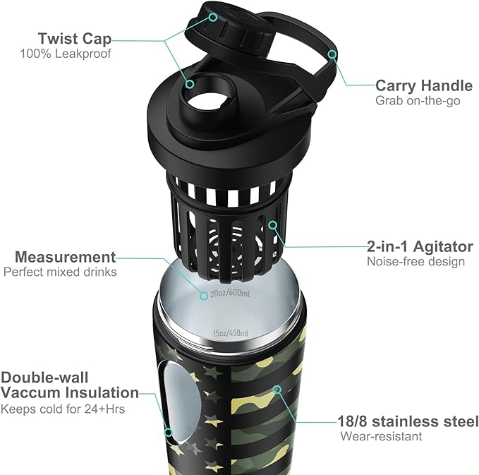 Stainless Steel Shaker Bottle with Noise-Free Design - Patented 24 oz Insulated Metal Shakers Bottles Cup for Protein Mixes and Pre Workout 100% Leak Proof (Camouflage Flag)