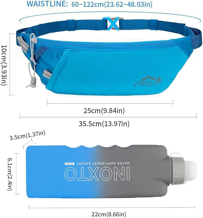 INOXTO Slim Running Belt Fanny Pack for Women and Men Sports Waist Bag Pack with 300ml Water Bottle for Running Walking Cycling Hiking Reflective Running Pouch Belt for All Phones (Black) (Blue)