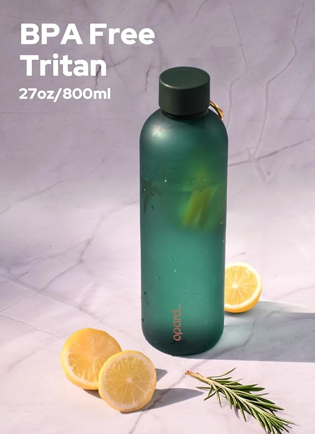 Opard Slim Water Bottle 27oz, Dishwasher Safe Plastic Water Bottle BPA-Free, Leakproof Screw Top, Forest Green, Reusable for Travel School Sport Gym Hiking