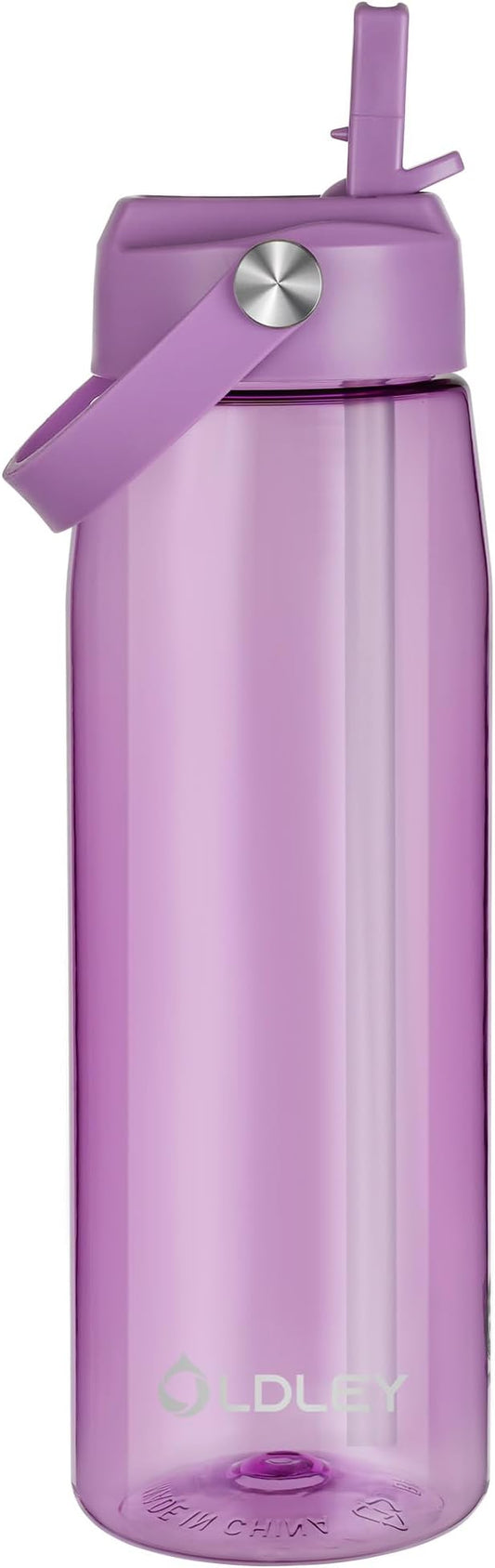OLDLEY 32 oz Water Bottle with Straw, Leakproof Sports Water Bottle with Carry Strap, BPA-Free Large Water Bottles for Home,Travel, School, Outdoors, Gym, Tritan,Dark Purple
