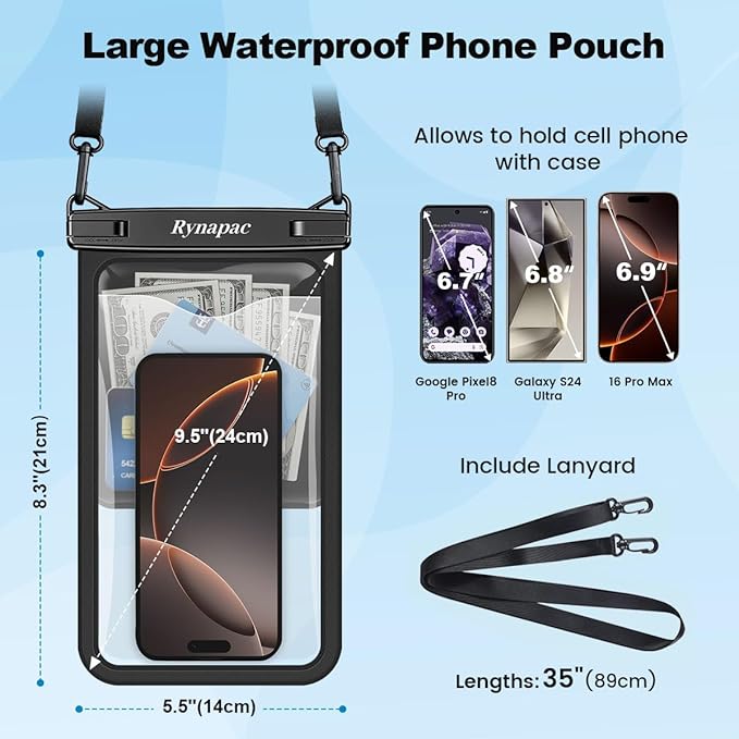 [Up to 10"] Large Waterproof Phone Pouch Bag - 2 Pack Waterproof Phone Case for iPhone 17 16 15 Pro Max Galaxy S25 S24 Ultra, IPX8 Cellphone Water Protector Pouch Beach Essentials Travel Must Haves