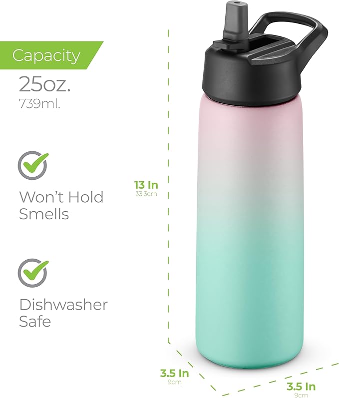 SIPX™ 25 oz Insulated Water Bottle with 3 Lids – Leakproof Stainless Steel, Triple Insulated – Cold 24 Hours/Hot 12 Hours – Durable Bottle for School, Gym, Travel – Gradient Mint Pink