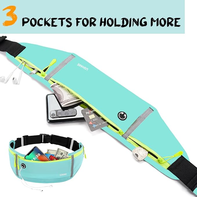 USHAKE Slim Running Belt, Workout Fanny Pack for Men Women,Exercise Waist Pack for Apple iPhone Holder, Runner Belt for Running Walking Cycling Camping Gym Mint blue