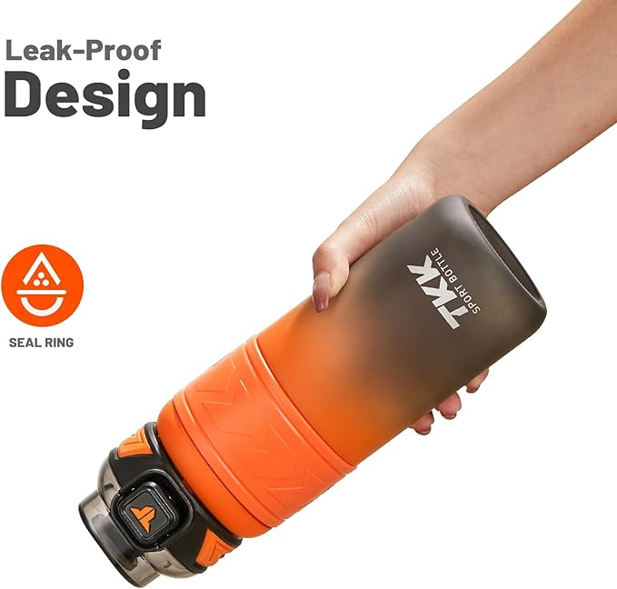 TKK Sports Water Bottles with Removable Straw 29 oz Leak-proof Flip Top Lid BPA Free Tritan Bottles with Strap for School, Fitness, Gym, Outdoor, Orange-Black
