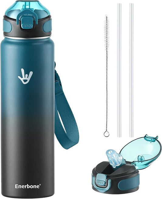 Enerbone 32 oz Insulated Water Bottle, Stainless Steel Bottle with Carrying Strap, Double-Wall Vacuum Insulation Design, Leakproof Sports Bottle with Straw, Keep Drinks Cold or Hot for Hours