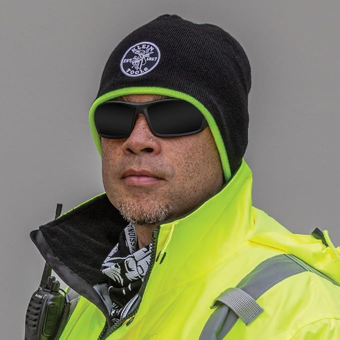 Klein Tools 60391 Knit Beanie, Thermal Fleece Winter Hat, Windproof, Fits under Helmets, Black with High-Visibility Yellow Band Trim