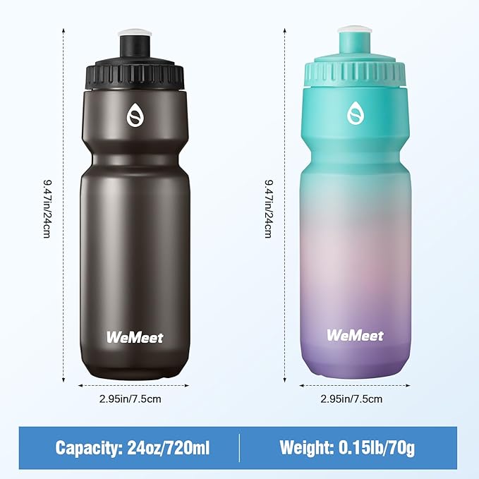 Lightweight Bike Water Bottle 24oz, BPA Free, Cycling Squeeze Bottle, Leak Proof Sport Water Bottle with Capacity Scale, for Cycling, Gym (Black & Green Pink Purple, 2 Pack)