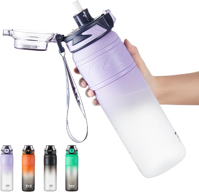TKK Sports Water Bottles with Removable Straw 34 oz Leak-proof Flip Top Lid BPA Free Tritan Bottles with Strap for School, Fitness, Gym, Outdoor, Purple-White