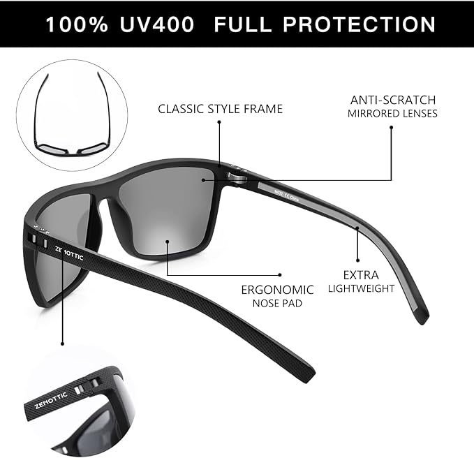 ZENOTTIC Polarized Sunglasses for Men Lightweight TR90 Frame UV400 Protection Square Sun Glasses