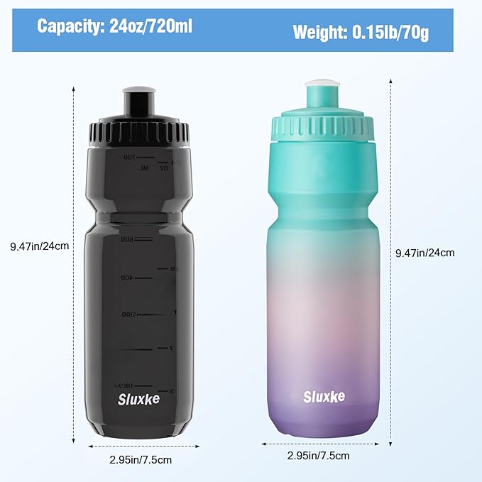 24oz Bicycle Water Bottle 2Pack, 720ml Sports Squeeze Bottle BPA Free, Durable Fits Most Bike Cycling Cages