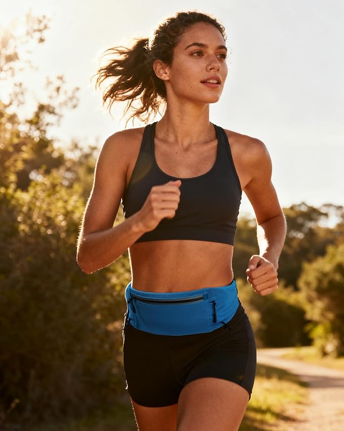 WATERFLY Running Belt Fanny Pack: Breathable 3 Pocket Waist Bag for Men Women Workout Exercise Fitness Phone Holder Fits All Phones - Runner Marathon Jogging Race Belt with Bib Clip Blue