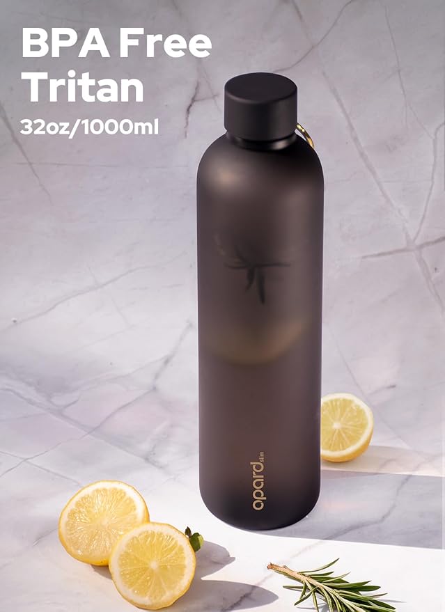 Opard Slim Water Bottle 32oz, Dishwasher Safe Plastic Water Bottle BPA-Free, Leakproof Screw Top, Charcoal Black, Reusable for Travel School Sport Gym Hiking