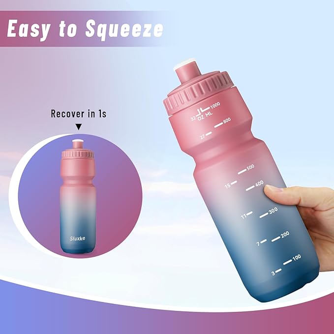 32oz Bike Water Bottle Squeeze 2Pack, 1000ml Sports Bicycle Water Bottle BPA Free, Lightweight Fits Most Bicycle Bike Cages