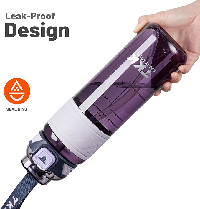 TKK Sports Water Bottles with Removable Straw 34 oz Leak-proof Flip Top Lid BPA Free Tritan Bottles with Strap for School, Fitness, Gym, Outdoor, Purple