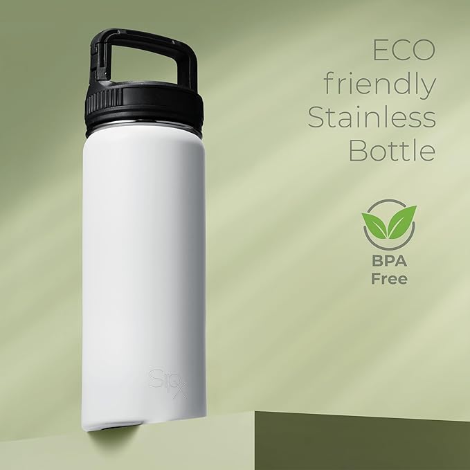 SipX™ 18 oz Insulated Water Bottle with 3 Lids – Leakproof Stainless Steel, Triple Insulated – Cold 24 Hours/Hot 12 Hours – Durable Bottle for School, Gym, Travel – White