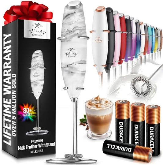 Zulay Powerful Milk Frother (4 Duracell Batteries Included) - Handheld Milk Frother Wand Drink Mixer for Coffee - Powerful Milk Foamer for Cappuccino, Frappe, Matcha & Coffee Creamer - Quartz