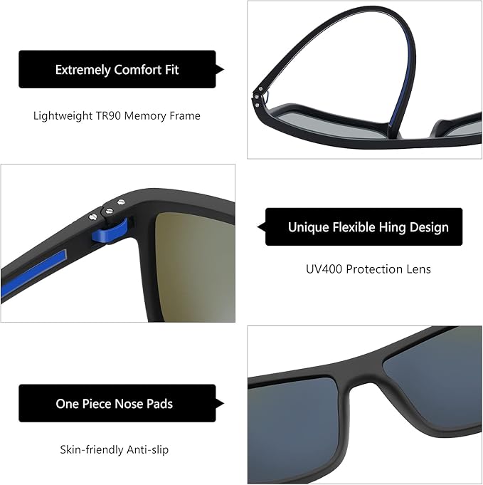 ZENOTTIC Polarized Sunglasses for Men Lightweight TR90 Frame UV400 Protection Square Sun Glasses