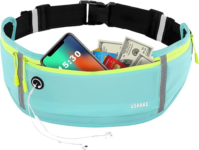 USHAKE Slim Running Belt, Workout Fanny Pack for Men Women,Exercise Waist Pack for Apple iPhone Holder, Runner Belt for Running Walking Cycling Camping Gym Mint blue