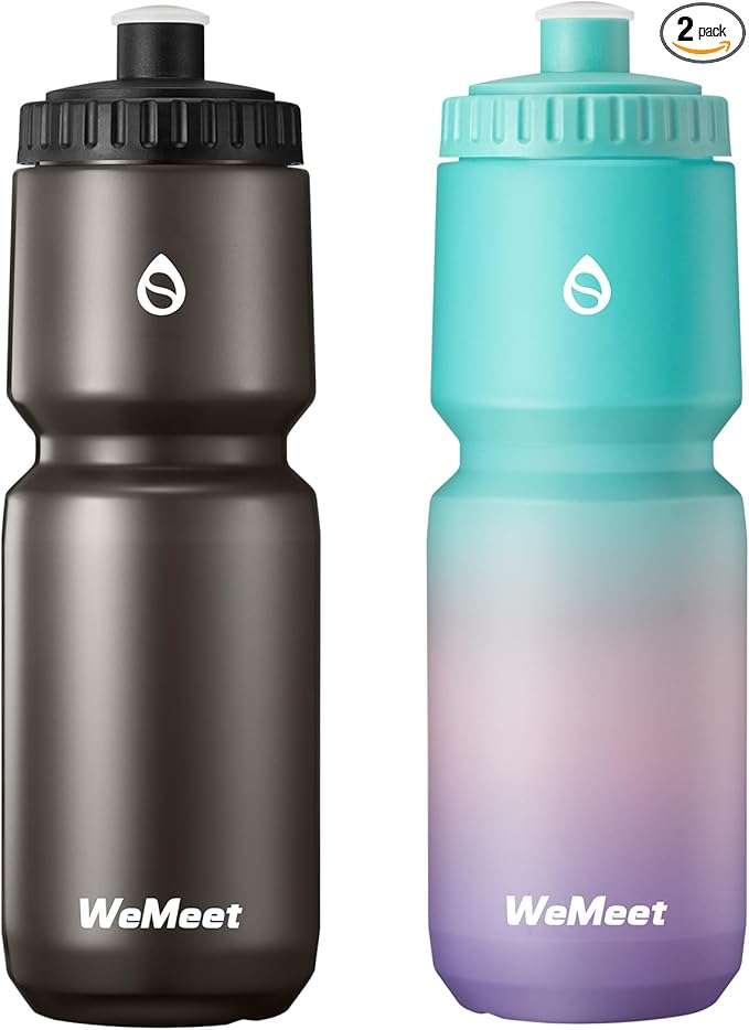 Lightweight Cycling Water Bottle 2-Pack, Fits Most Bike Cages, Squeeze Water Bottle for Cycling, Running, Fitness(Black & Green Pink Purple, 32oz)