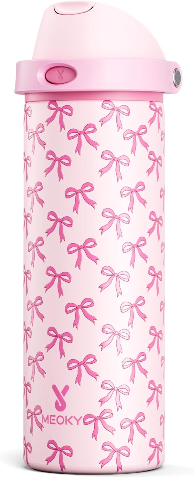 24 oz Insulated Water Bottle for Women: Meoky Stainless Steel Metal Water Bottle with 2-in-1 Straw and Spout Lid - Leak Proof, Cold for 24 Hours, Protective Silicone Base, BPA-Free for School, Bow