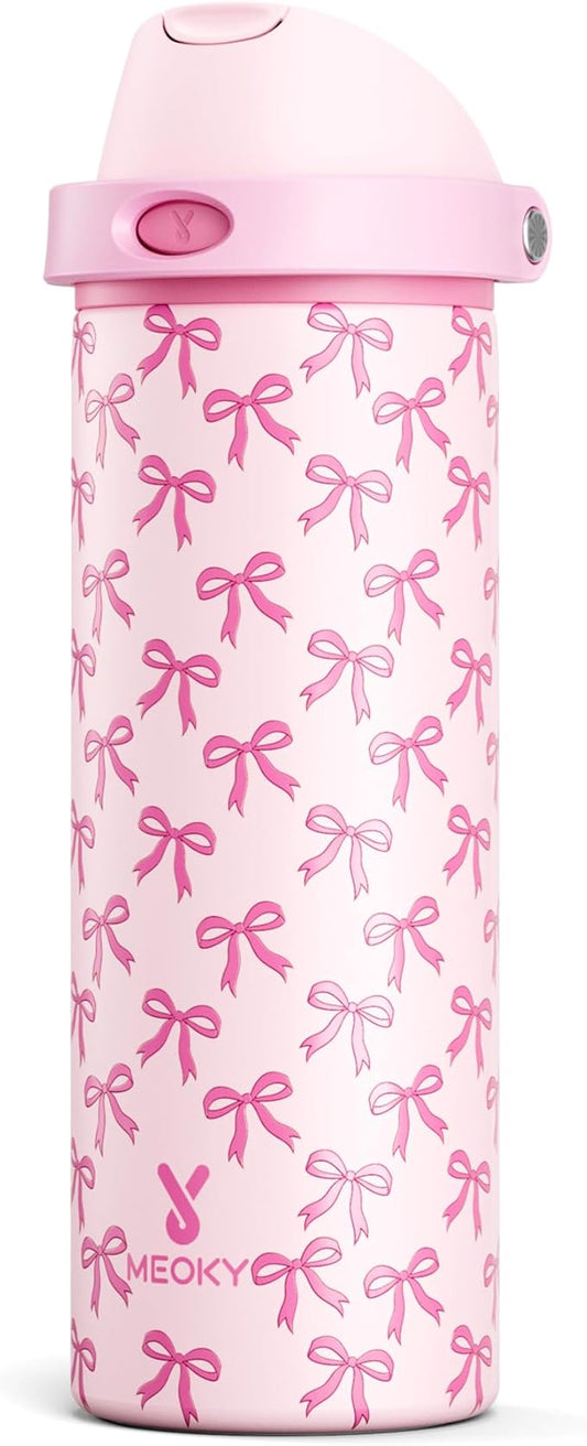 24 oz Insulated Water Bottle for Women: Meoky Stainless Steel Metal Water Bottle with 2-in-1 Straw and Spout Lid - Leak Proof, Cold for 24 Hours, Protective Silicone Base, BPA-Free for School, Bow
