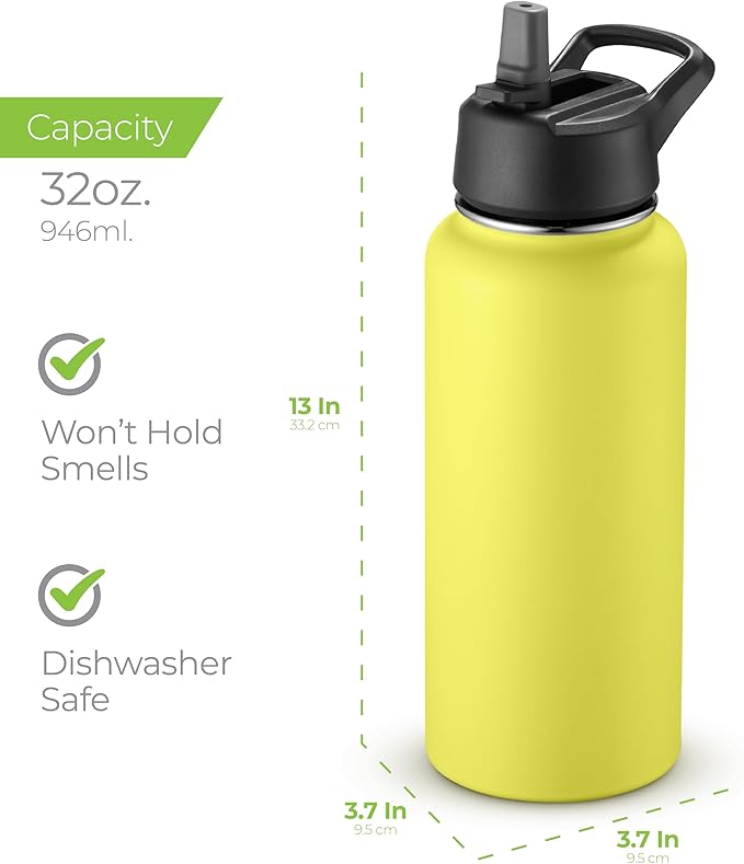 SIPX™ 32 oz Insulated Water Bottle with 3 Lids – Leakproof Stainless Steel, Triple Insulated – Cold 24 Hours/Hot 12 Hours – Durable Bottle for School, Gym, Travel – Yellow