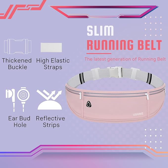 USHAKE Slim Running Belt, Workout Fanny Pack for Men Women,Exercise Waist Pack for Apple iPhone Holder, Runner Belt for Running Walking Cycling Camping Gym Light Pink