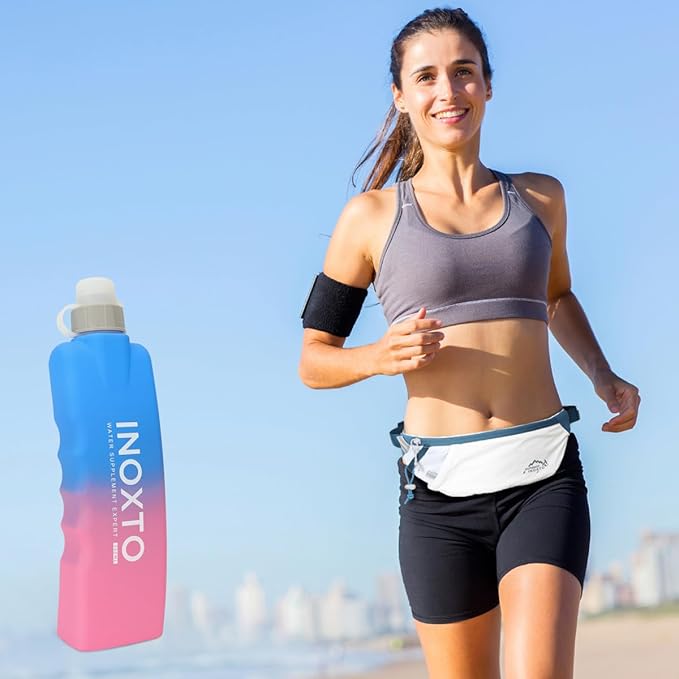 INOXTO Slim Running Belt Fanny Pack for Women and Men Sports Waist Bag Pack with 300ml Water Bottle for Running Walking Cycling Hiking Reflective Running Pouch Belt for All Phones (Black) (White Blue)