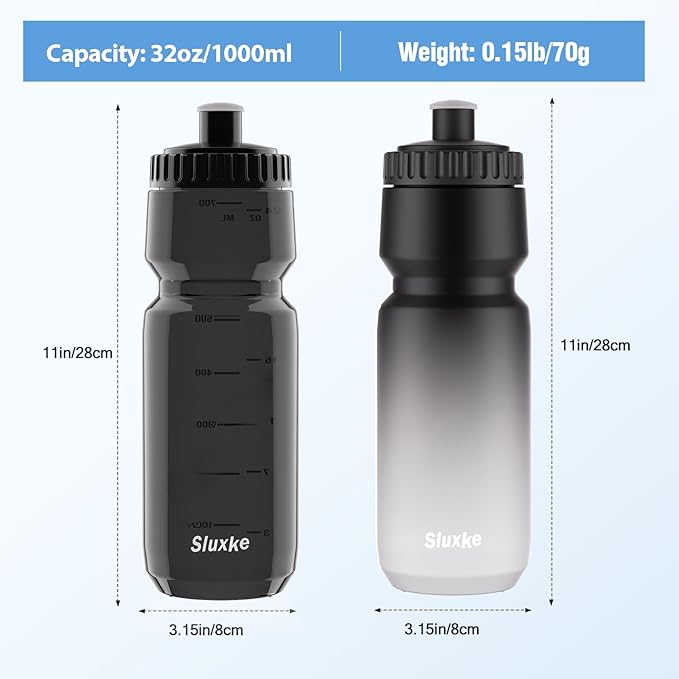 Squeeze Water Bottle 32oz, 2Pack Bike Water Bottle Leak Proof, 1000ml BPA Free for All Fitness and Cycling Fast Flow Valve