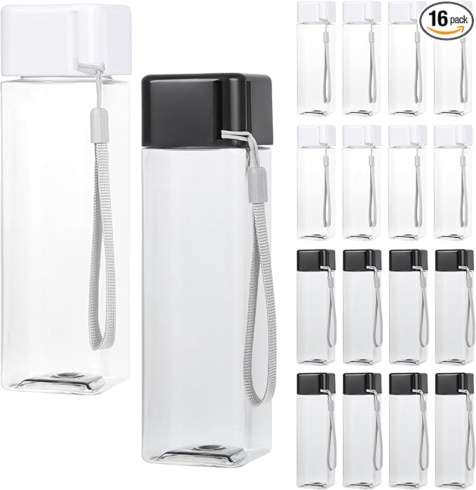 16 PCS Plastic Water Bottle Bulk 15oz Reusable Sports Water Bottle with Handle Strap, Leakproof Lightweight Portable Waterbottle for School Gym Fitness Travel (Black&White, Rectangle)