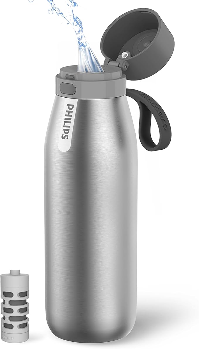 PHILIPS Water Bottle with Filter, Filter Water Bottle Stainless Steel with GoZero Everyday BPA-Free Tap Water Filter, Water Filter Bottle Keep Drink Cold 24 Hours, 1 Filter for 40 gal / 2 Months