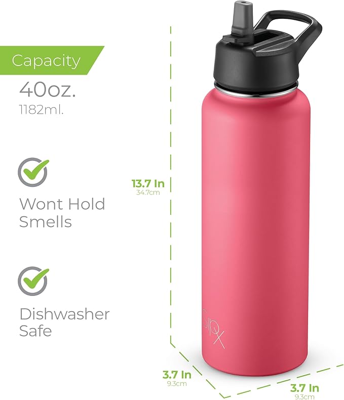 SIPX™ 40 oz Insulated Water Bottle with 3 Lids – Leakproof Stainless Steel, Triple Insulated – Cold 24 Hours/Hot 12 Hours – Durable Bottle for School, Gym, Travel – Red