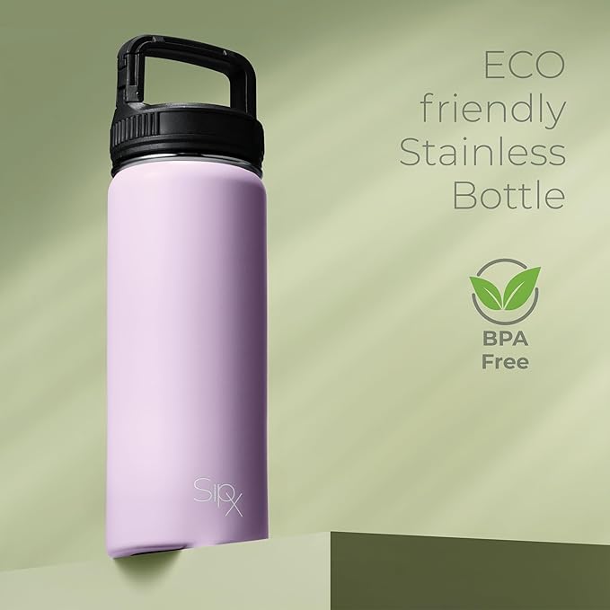 SipX™ 18 oz Insulated Water Bottle with 3 Lids – Leakproof Stainless Steel, Triple Insulated – Cold 24 Hours/Hot 12 Hours – Durable Bottle for School, Gym, Travel – Purple