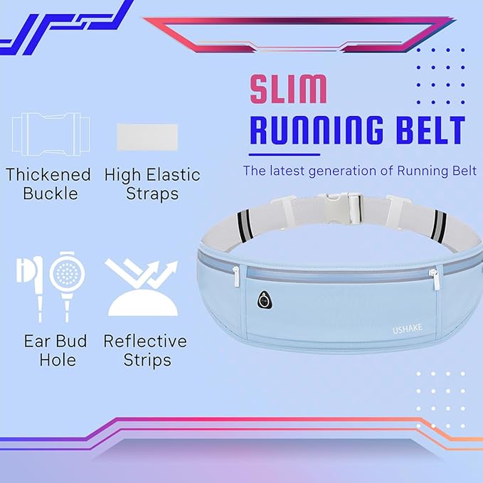 USHAKE Slim Running Belt, Workout Fanny Pack for Men Women,Exercise Waist Pack for Apple iPhone Holder, Runner Belt for Running Walking Cycling Camping Gym Light Blue