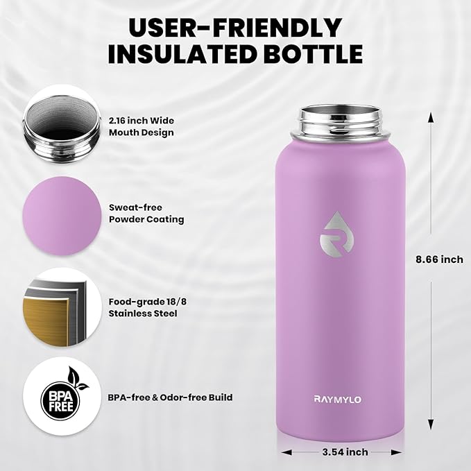 Insulated Water Bottle 32 oz, Triple Wall Vacuum Stainless Steel (Cold for 48 Hrs), Leak Proof & Non-BPA, Modern Water Flask Jug with Paracord Handle & Straw Spout Lids, Lilac