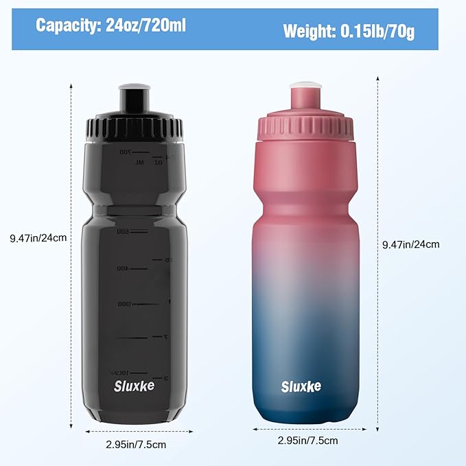 24oz Bike Water Bottle 2Pack, 720ml Sports Squeeze Bottle Lightweight, Durable Fits Most Bike Cycling Cages